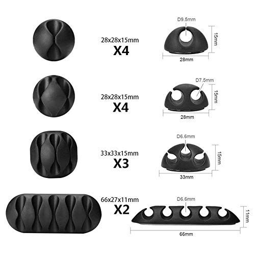 Aumesa Rano 13点セット ケーブルホルダー ケーブルクリップ 優れるシリコン デスク コンピュータデスク USBデータケーブル マジックテープ付き マウスライン キーボードライン 充電ケーブル（1+2+3+5穴の組み合わせ、黒）