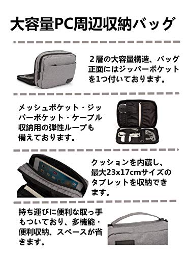 [Pacmaxi]ガジェットポーチ PC周辺収納バッグ トラベルポーチ 旅行 取ってあり 携帯便利 大容量 ２層構造 モバイル収納ケース ケーブルバッグ 男女兼用 出張 (グレー)