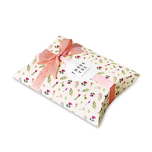 (moin moin) ラッピング ボックス 箱 袋 ピンク 小花柄 リトルフラワー リボン & タグ 付 幅10cm×高さ14cm×マチ2.8cm 5枚セット ( ナチュラルホワイト )