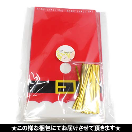 【Fuwari】 クリスマス サンタ ラッピング 袋 １００枚入り ラッピングタイ付き 底マチ付き ギフト袋 OPP袋 お菓子 キャンディー 包装 小分け (M １００枚)