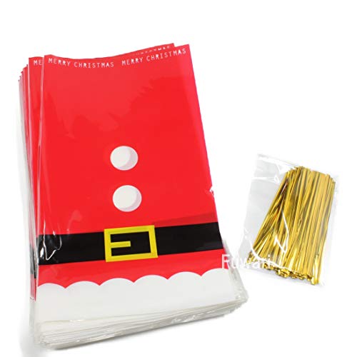 【Fuwari】 クリスマス サンタ ラッピング 袋 １００枚入り ラッピングタイ付き 底マチ付き ギフト袋 OPP袋 お菓子 キャンディー 包装 小分け (M １００枚)