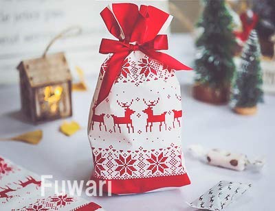 【Fuwari】 クリスマス ラッピング袋 ギフトバッグ 巾着袋 ５０枚 SET リボン付き マチ付き プレゼント (B)