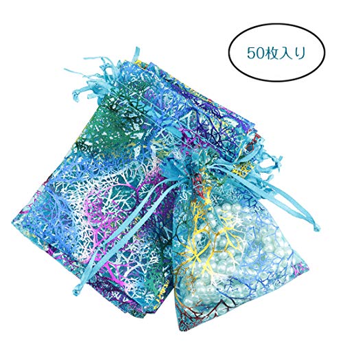 AKRI オーガンジー 巾着袋 収納袋 キラキラ 半透明 小物入れ 珊瑚柄 混色 ホワイト ブルー（50枚入り）