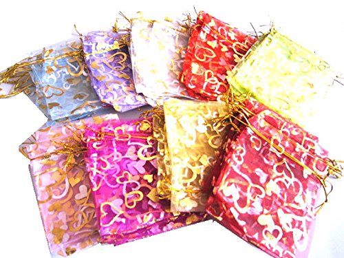きれい オーガンジー ポーチ 巾着袋 アクセサリー 小物入れ ラッピング ハート型 カラフル 多種色 (90枚)