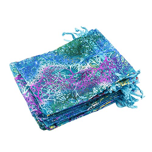 AKRI オーガンジー 巾着袋 収納袋 キラキラ 半透明 小物入れ 珊瑚柄 混色 ホワイト ブルー（50枚入り）