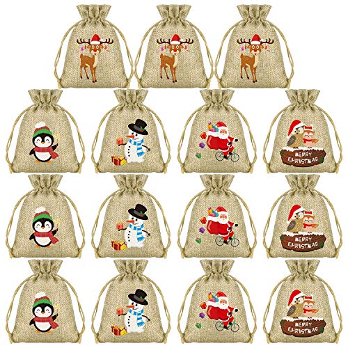 KUUQA ギフトバッグ クリスマス ラッピング袋 巾着袋 15PCS サンタさん 雪だるま トナカイ ペンギン お菓子バッグ プレゼント入れ 小物入れ 収納袋