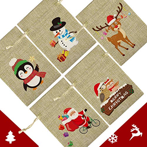 KUUQA ギフトバッグ クリスマス ラッピング袋 巾着袋 15PCS サンタさん 雪だるま トナカイ ペンギン お菓子バッグ プレゼント入れ 小物入れ 収納袋