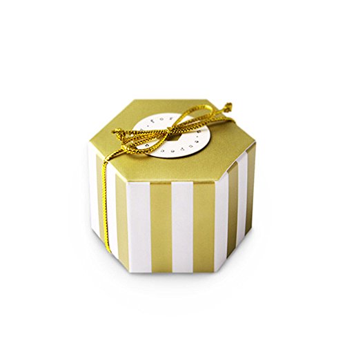 (moin moin) ラッピング ボックス 箱 六角形 水玉 ゴールド 金色 リボン & タグ 付 一辺2.5cm×高さ3cm ( ストライプ & ドット 10個セット )