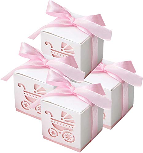 ギフトボックス 50個セット 紙製 ベビーシャワーパーティー キャンディーボックス リボン付 プチギフト お菓子箱 誕生日パーティー 好意 小物入り 乳母車図案 (ピンク)