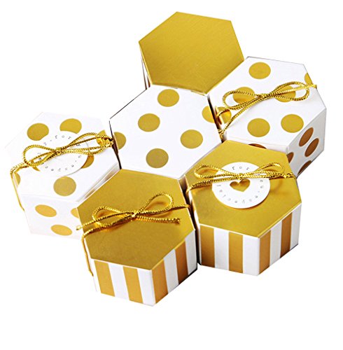 (moin moin) ラッピング ボックス 箱 六角形 水玉 ゴールド 金色 リボン & タグ 付 一辺2.5cm×高さ3cm ( ストライプ & ドット 10個セット )