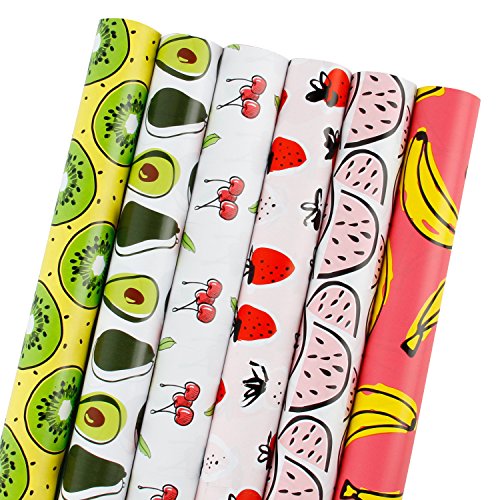 Laribbons Gift Wrapping Paper Roll – 150 SQ FT。 – キュートバナナ/スイカ/ストロベリー/チェリー/フルーツプリント – Avocado/Kiwi – 6 Rolls